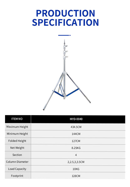 Dearkol MYD-0040 4000mm Baby Light Stand Silver, One Leveling Leg, Steel Made High Quality